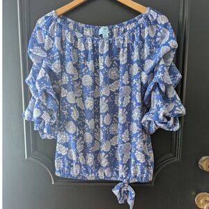 CeCe Blue White Floral Print Off Shoulder Ruffle Sleeve Tie Blouse Top Womens M‎